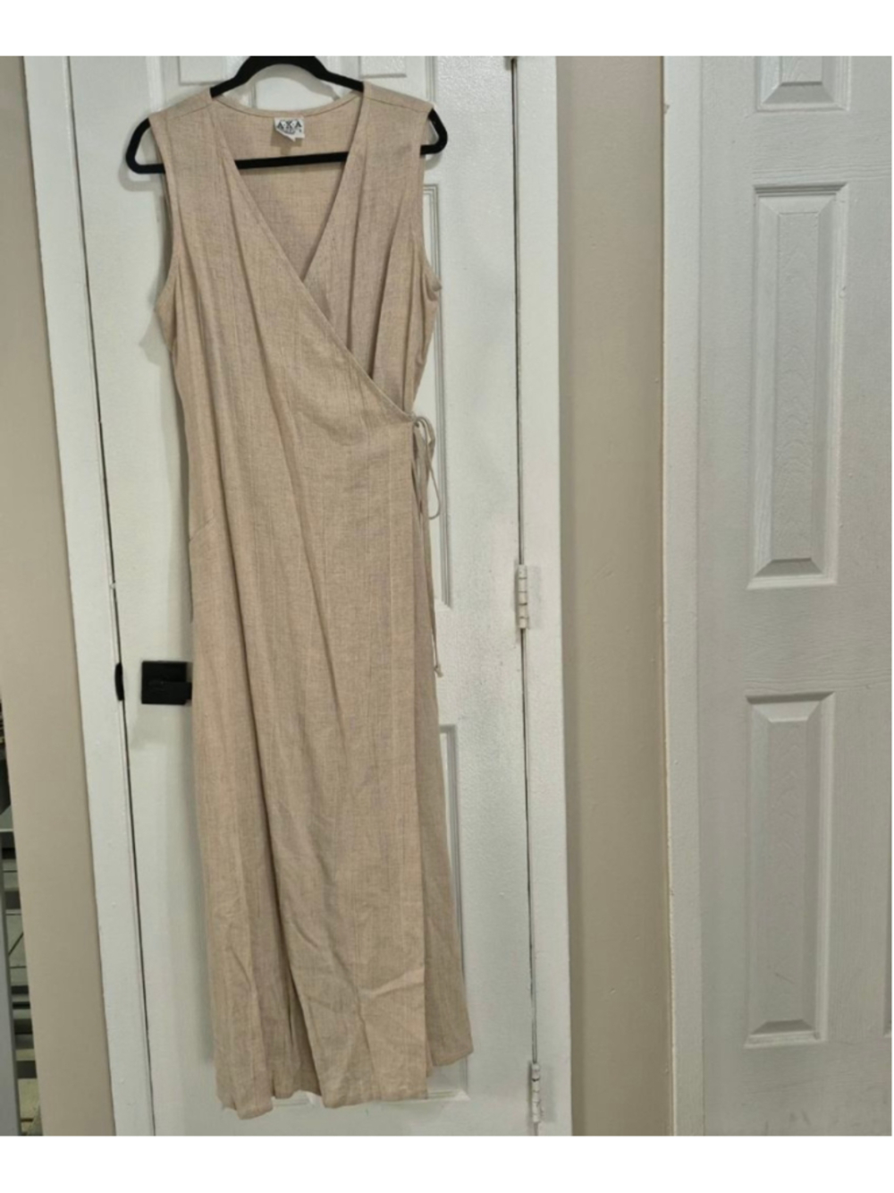 Women's vtg AKA Los Angeles Beige Linen Blend Sleeveless Wrap Maxi Dress XL